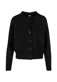 Sort strikket cardigan med lange ærmer, ribstrikkede manchetter og kant, V-hals og fire knapper foran.