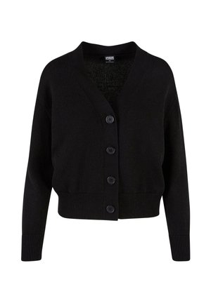 Cardigan nero lavorato a maglia con maniche lunghe, polsini e orlo a coste, scollo a V e quattro bottoni davanti.