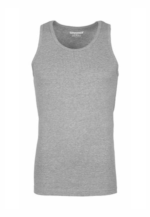 Grijze mouwloze tanktop van zachte stof met een ronde halslijn en een bedrukt merketiket aan de binnenkant van de kraag.