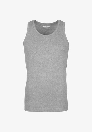 Grijze mouwloze tanktop van zachte stof met een ronde halslijn en een bedrukt merketiket aan de binnenkant van de kraag.