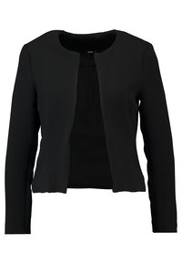 Blazer noir pour femmes à manches longues, à ouvertures devant, en tissu texturé avec un col rond, coupé au niveau de la taille.