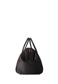 Sac à main en cuir noir de forme triangulaire arrondie avec deux poignées supérieures, présenté de face sur fond blanc.