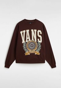 Brun sweatshirt med "VANS" i stora kräm och gula bokstäver, intrikat grafisk design med sol och lagerblad. Rund hals, lång ärm.