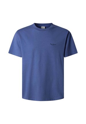 Blauw T-shirt met korte mouwen en ronde hals, met een klein "Pepe Jeans London" logo op de linkerborst, tegen een witte achtergrond.