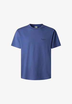 Blauw T-shirt met korte mouwen en ronde hals, met een klein "Pepe Jeans London" logo op de linkerborst, tegen een witte achtergrond.