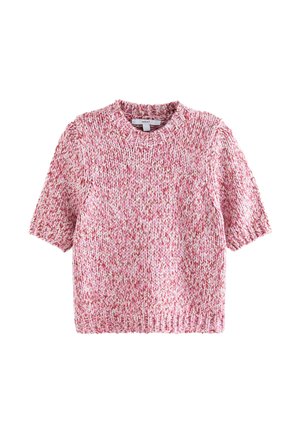 Short-sleeve knit sweater in pink and white with a textured pattern. Features a round neckline and a relaxed fit. Made from soft, chunky yarn.