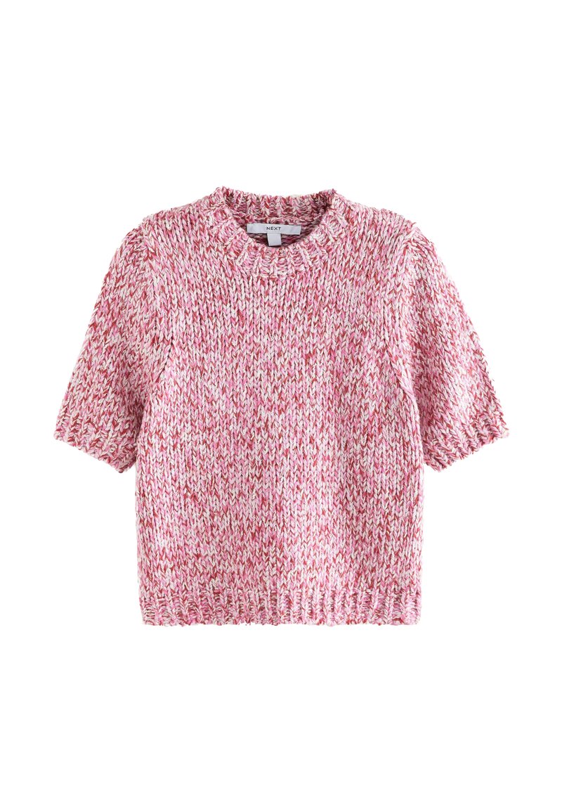Short-sleeve knit sweater in pink and white with a textured pattern. Features a round neckline and a relaxed fit. Made from soft, chunky yarn.