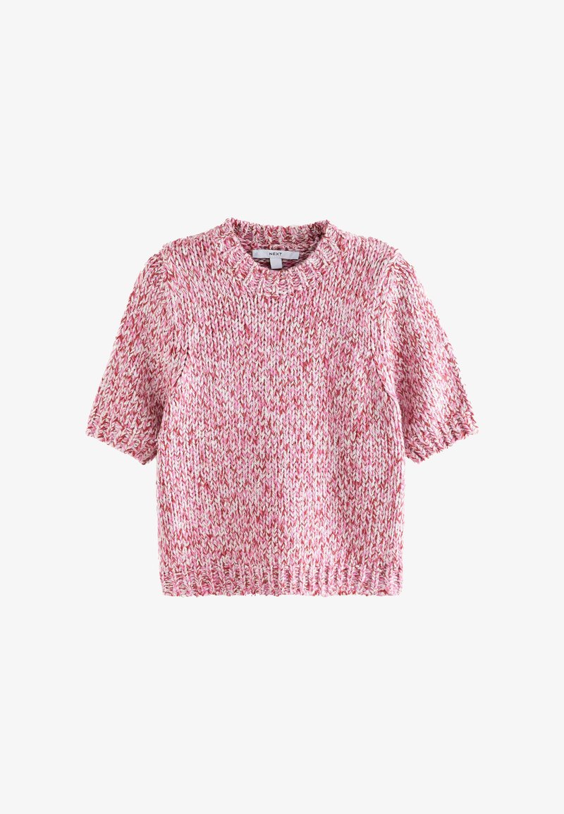 Short-sleeve knit sweater in pink and white with a textured pattern. Features a round neckline and a relaxed fit. Made from soft, chunky yarn.