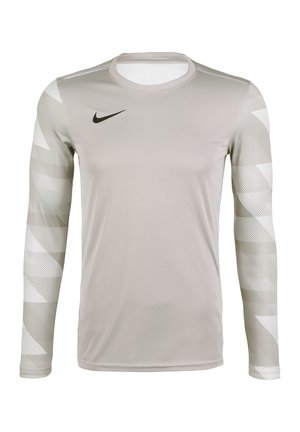 Hellgraues Sporttrikot mit langen Ärmeln, gemusterten Ärmeln und einem schwarzen Nike-Swoosh-Logo auf der oberen rechten Brust.