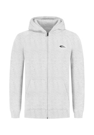 Hellgraue Zip-Hoodie mit einer Kapuze zum Zusammenziehen, zwei Fronttaschen und schwarzem Logo auf der linken Brust. Weicher Stoff mit gerippten Bündchen.