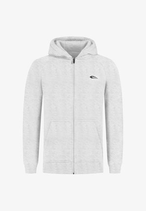 Hellgraue Zip-Hoodie mit einer Kapuze zum Zusammenziehen, zwei Fronttaschen und schwarzem Logo auf der linken Brust. Weicher Stoff mit gerippten Bündchen.