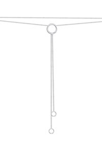 Sølv gardinsnor med en øvre løkke og to nederste sløjfer, der har en fin, struktureret overflade og et slankt, minimalistisk design.