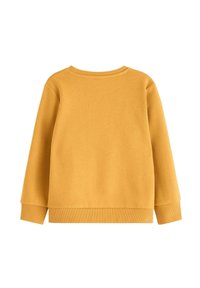 Gelbes Sweatshirt, Baumwollmaterial, Rundhalsausschnitt, lange Ärmel, gerippte Bündchen, Fleece-Textur, schlichtes Design, lockere Passform, Rückansicht angezeigt.