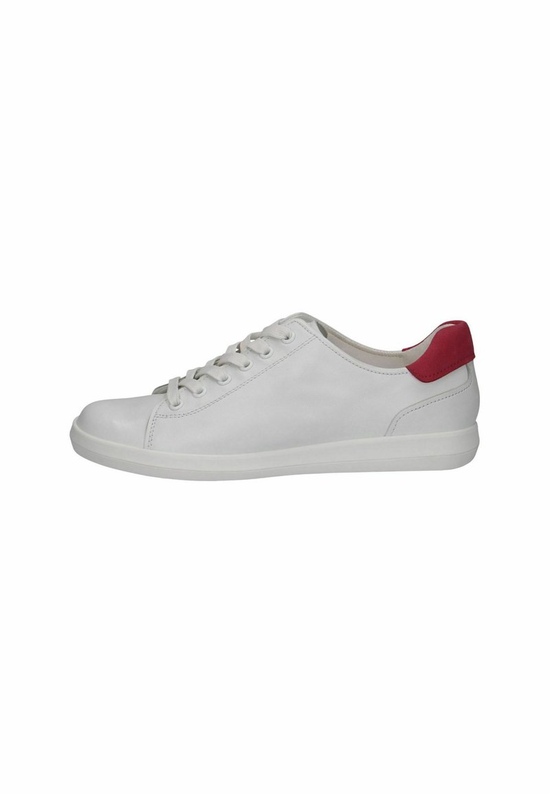 Adidași din piele albă, cu o textură netedă, având un accent roșu la călcâi, vârf rotund și sistem de șireturi. Talpă din cauciuc.