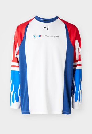 Long-sleeve shirt with a white body, red and blue sleeves featuring flame patterns. Displays BMW and Puma logos prominently.