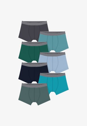 Set od sedam muških bokserica u raznim bojama: tamnosiva, zelena, mornarsko plava, svijetloplava, tirkizna i tamnotirkizna. Sve imaju prugasti elastični pojas.