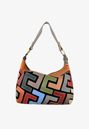 Sac hobo en cuir featuring un motif géométrique multicolore avec des formes imbriquées. Comprend une bandoulière grise et des accessoires en métal doré.