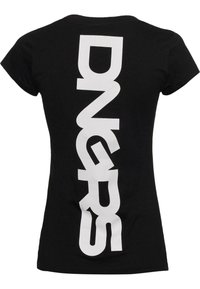 Black cotton t-shirt featuring bold white vertical text spelling "DNGRS" on the back. Classic crew neck design with short sleeves.