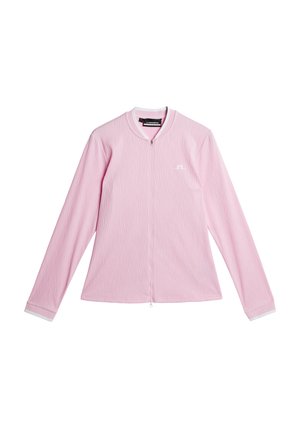Light pink long-sleeve jacket with textured fabric, zip closure, and white accents at the collar and cuffs. Brand logo located on the chest.
