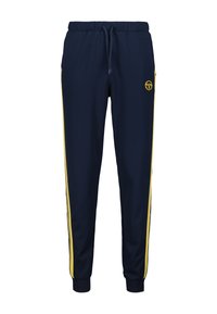 Navy Sweatpants mit gelben Seitenstreifen, elastischem Bund mit Kordelzug und gerippten Bündchen. Mit Logo auf dem oberen linken Oberschenkel.