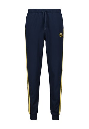 Navy Sweatpants mit gelben Seitenstreifen, elastischem Bund mit Kordelzug und gerippten Bündchen. Mit Logo auf dem oberen linken Oberschenkel.