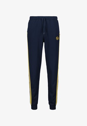 Navy Sweatpants mit gelben Seitenstreifen, elastischem Bund mit Kordelzug und gerippten Bündchen. Mit Logo auf dem oberen linken Oberschenkel.