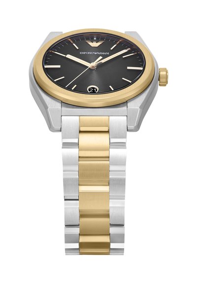 Orologio in metallo bicolore argento e oro con quadrante nero, indici dorati, datario alle 6 e logo Emporio Armani alle 12.