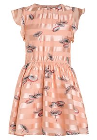 Abito in satin rosa con gonna svasata, maniche corte e vita elastica. Presenta un design con motivi di ombrelli su fondo a righe.