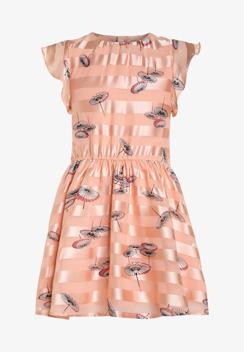 Abito in satin rosa con gonna svasata, maniche corte e vita elastica. Presenta un design con motivi di ombrelli su fondo a righe.