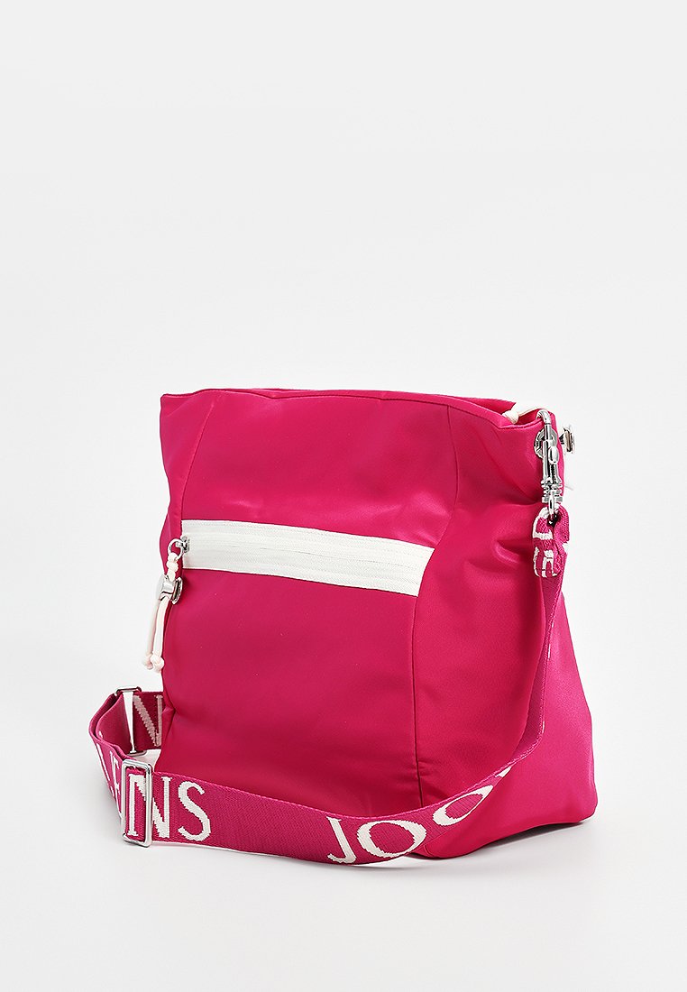 Rosa Nylon Schultertasche mit weißem Reißverschluss, verstellbarem Tragegurt und Logo-Akzent. Weiche Textur, rechteckige Form, mit einer hinteren Reißverschlusstasche.