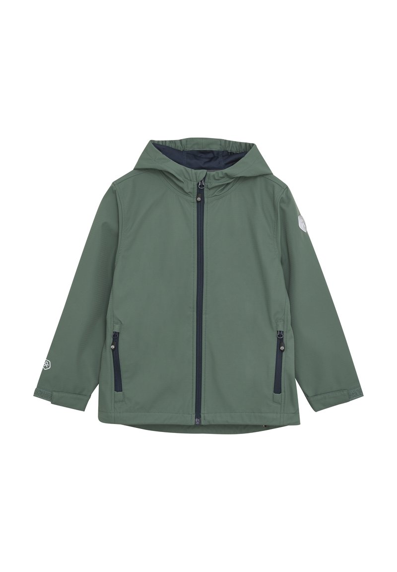 Grön hooded jacka tillverkad av mjukt, vattenavvisande tyg. Har en framsidan dragkedja, två sidofickor och kontrasterande marinblå foder.