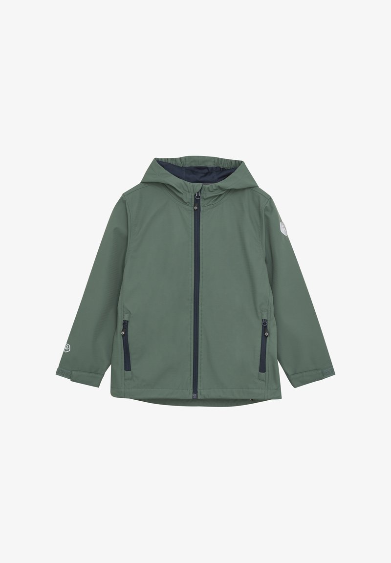 Green hooded jacket made from soft, water-resistant fabric. Features a front zip, two side pockets, and contrasting navy lining.