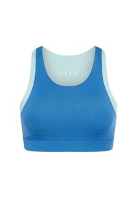 Scuptură sportivă albastră fabricată dintr-un material neted și elastic. Prezintă un decolteu larg și accente de un albastru deschis pe umeri. Fără modele sau accesorii.