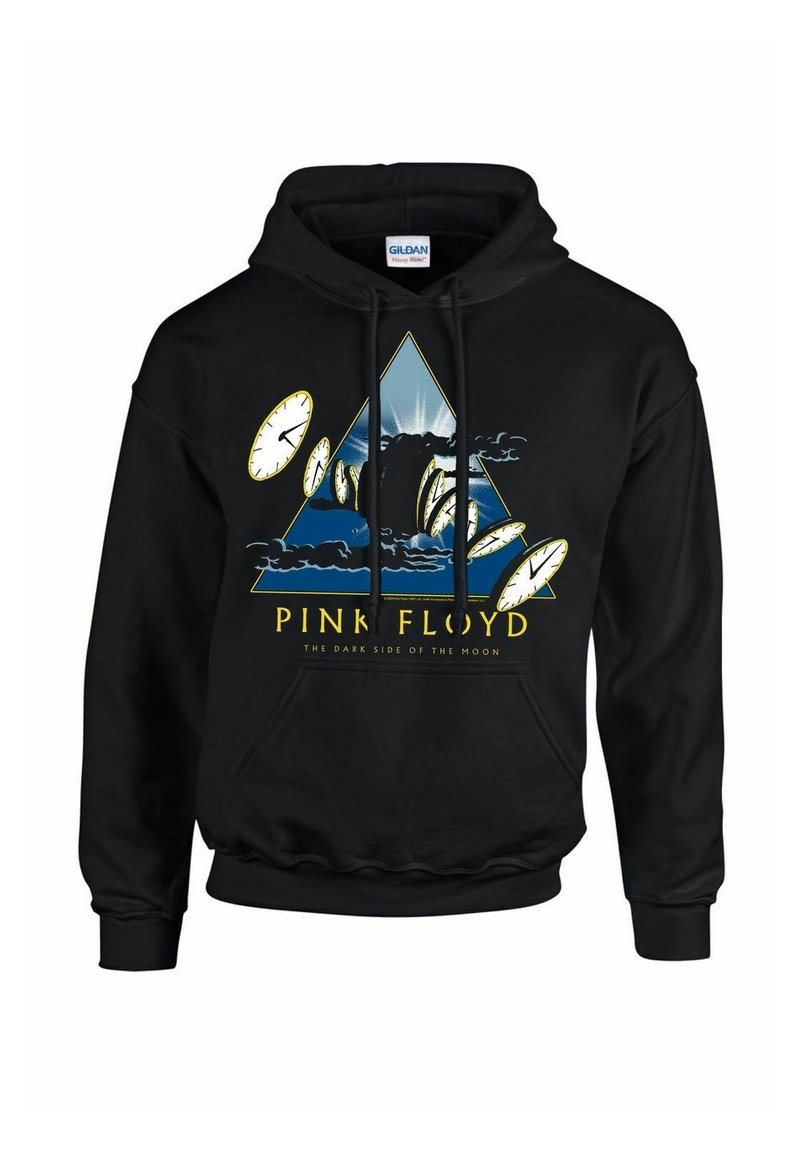 Musta huppari, jossa on värikäs printti, jossa on kolmioita, pilviä ja kelloja, ja jossa lukee "PINK FLOYD" sekä "THE DARK SIDE OF THE MOON."