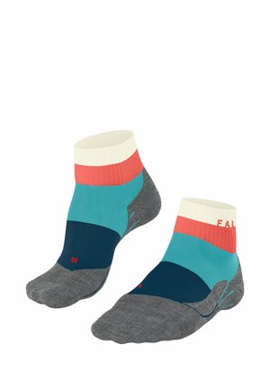 Calzini alla caviglia in una combinazione di teal, corallo, blu navy e grigio. Fondo a costine e texture liscia, con logo sul lato.