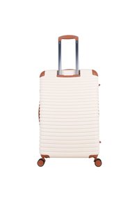 Hard-shell suitcase in off-white with a textured ribbed design, brown accents, retractable handle, and four black wheels for mobility.