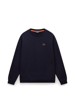 Námořnická modrá mikina vyrobená z měkké tkaniny s kulatým výstřihem. Má dlouhé rukávy a malé kulaté logo na hrudi.