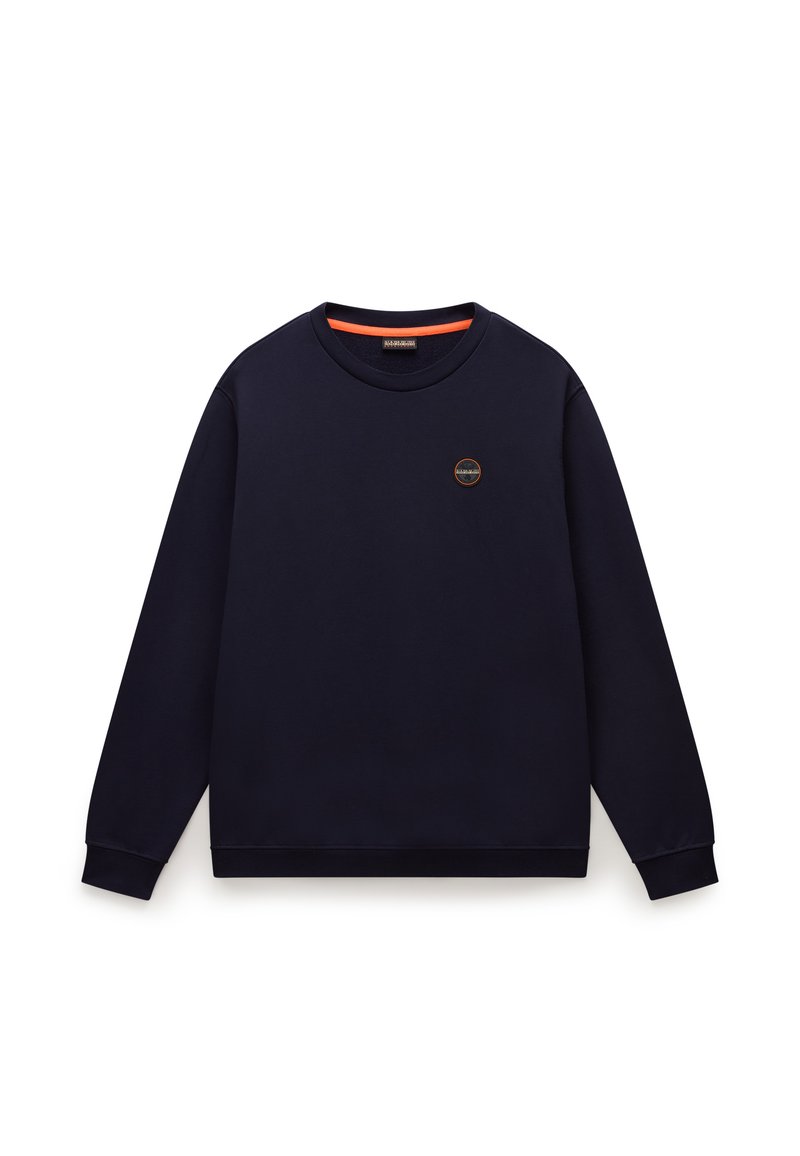 Sweat-shirt bleu marine en tissu doux avec un col rond. Présente des manches longues et un petit logo circulaire sur la poitrine.