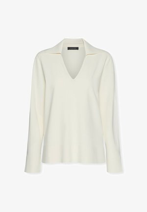 Langærmet cremefarvet sweater med dyb V-hals og åben krave, strikket stof, enkelt og elegant design.