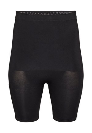 Zwarte compressieshorts met hoge taille en een brede tailleband, tot halverwege de dij, afgebeeld op een effen witte achtergrond.