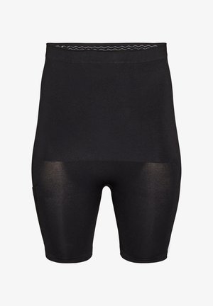 Mustad kõrge vöökohaga kompressioonpüksid laia vöökohaga ja reie keskpaigani, kujutatud tavalise valge taustaga.