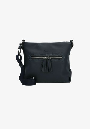 Marineblaue Leder-Umhängetasche mit strukturiertem Oberflächenmaterial, vorderer Reißverschlusstasche, Quaste und verstellbarem Tragegurt. Kompakte rechteckige Form.