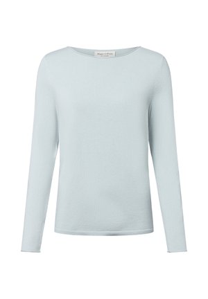 Helles blaues Langarmshirt aus einem glatten Stoff mit rundem Halsausschnitt, das minimale Nähte aufweist und keine sichtbaren Muster oder Akzente hat.