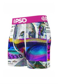 Muške bokserice s ružičastim pojasom, s živopisnim uzorkom novčanica, glatkog materijala i složenim detaljima.
