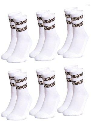 Six pairs of white crew socks with two horizontal leopard print stripes near the top, arranged in two rows on a white background.