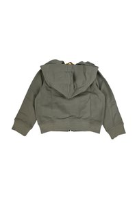 Felpa con cappuccio di color verde oliva per bambini, stesa piatta, con maniche lunghe e polsini e orlo a coste.