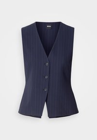Navy-sininen pinstripe-liivi, jossa on V-kaula-aukko, viisi nappia edessä ja muotoiltu istuvuus. Valmistettu sileästä kankaasta, jossa on kiiltävä pinta.