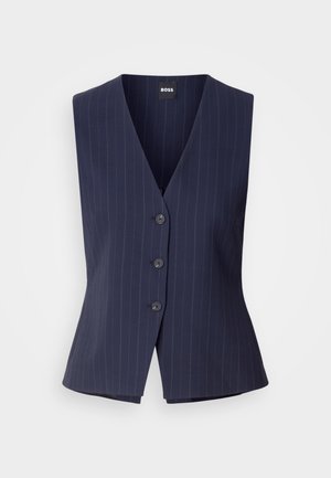 Gilet marine à rayures, avec un col en V, cinq boutons à l'avant et une coupe ajustée. Fabriqué en tissu lisse avec une finition polie.