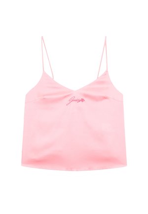 Camisole en satin rose avec de fines bretelles spaghetti, décolleté en V et logo "Juicy" brodé à l'avant. Texture lisse et design minimaliste.