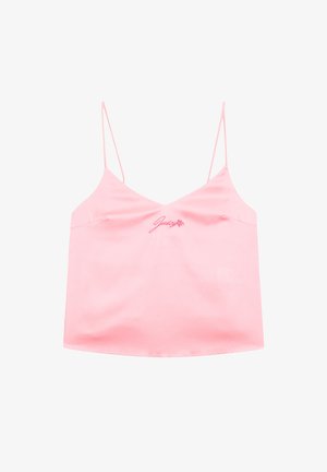 Roze satijnen camisole met dunne spaghettibandjes, V-hals en geborduurd "Juicy" logo op de voorkant. Soepele textuur en minimalistisch ontwerp.